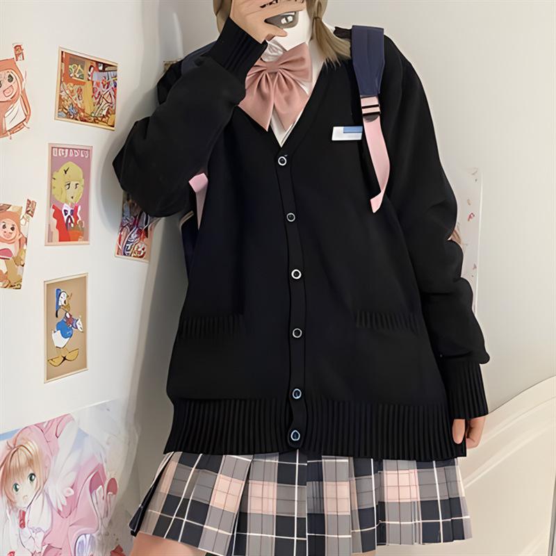 Spring and Autumn JK Uniform, V-neck Knit Cardigan, Sweater for Women, Japanese Collegiate Solid Color Lightweight Jacket, Versatile Long-sleeve Top