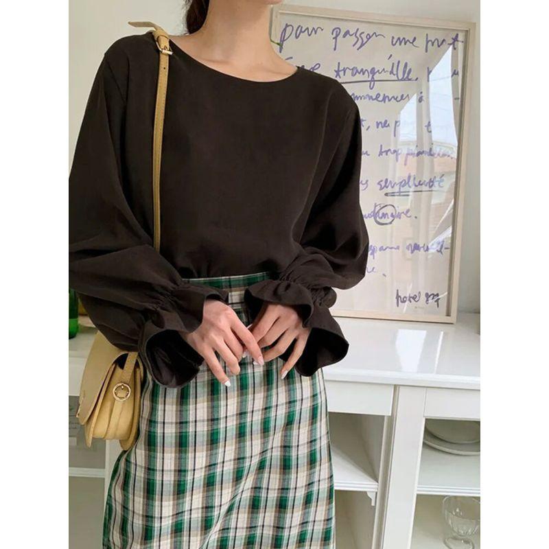 New Fall Women's Clothing Easiest for Match T-shirt round-Neck Flared Sleeves Pullover Pure Color Tops Loose Street Slim Looking All-Match Shirt