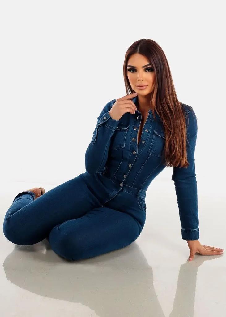 Turn Down Collar Women One Piece Full Sleeve Tight High Waist Bodycon Overalls Denim Jumpsuits Sheath Long Rompers Fall Pants