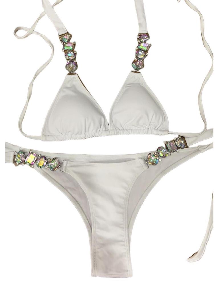 2022 Luxury Diamond Bikini Set: European & American Style with Solid Color, Split Straps, and Metal Chain Accents.