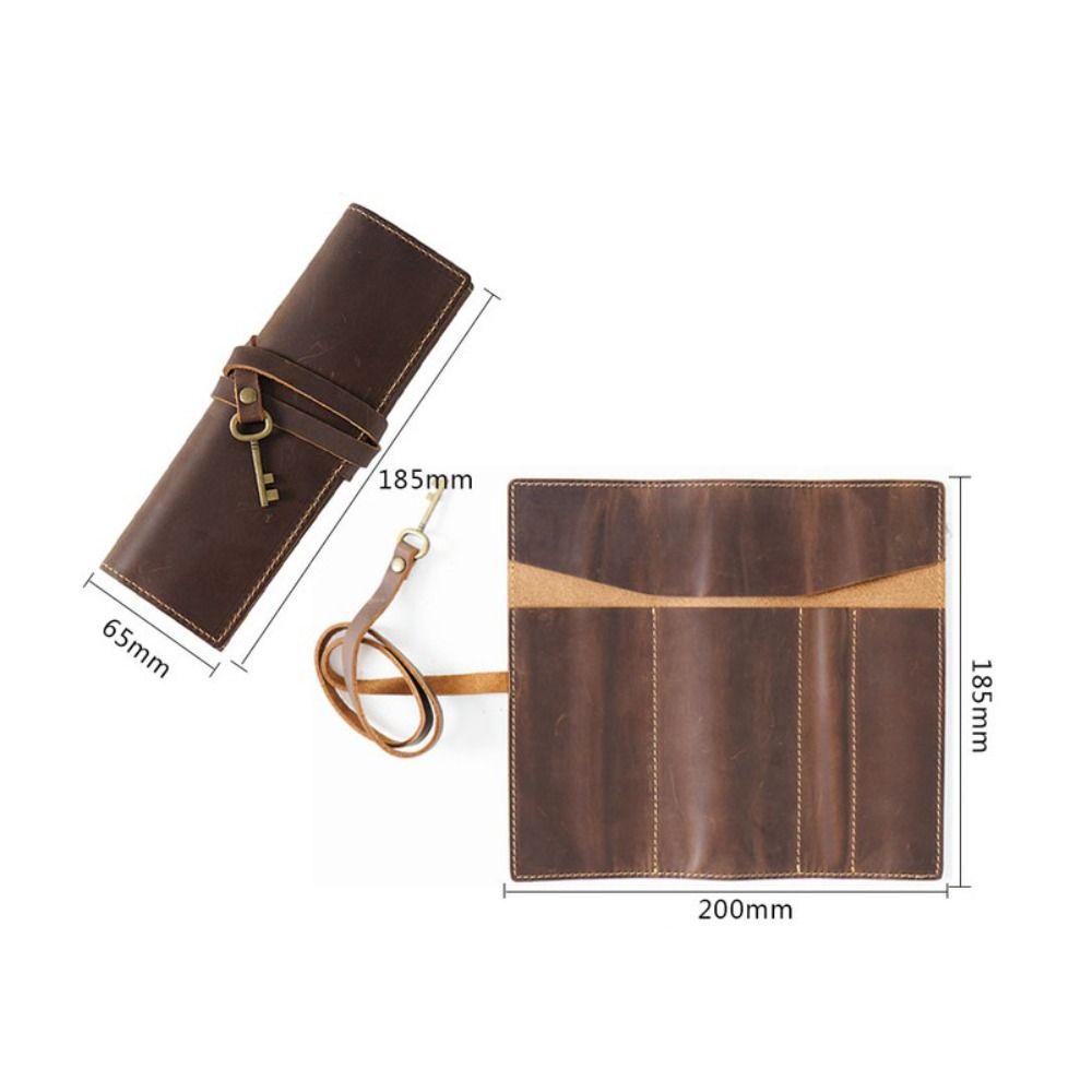 Retro Design Leather Pen Case First Layer Cowhide Multi-Compartment Pencil Cases Simple Literary Elastic Closure Pencil Roll Bag