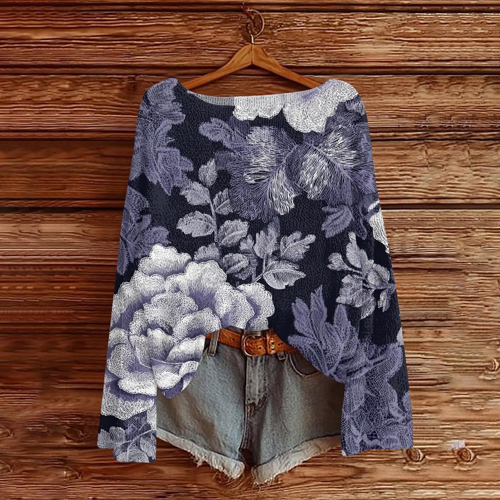 Women's Lightweight Sweater Casual Long Sleeve Knitted Vintage Floral Print Pullover