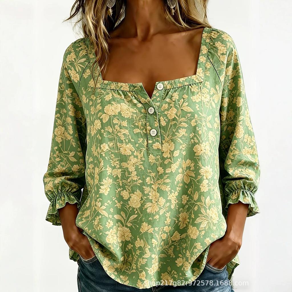 New Xiyin Summer T-Shirt Women's Printed Square Neck Button Bubble Sleeve Women's Top Women's