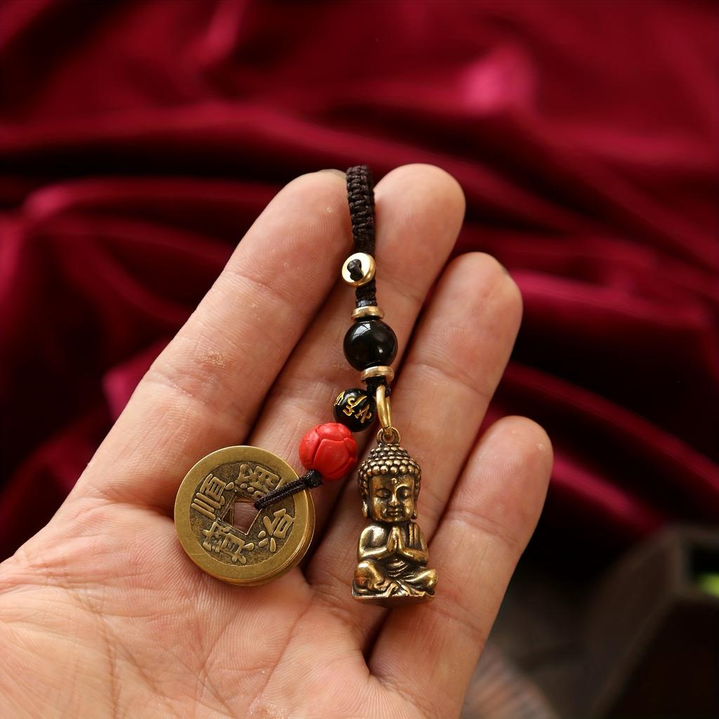 Vintage Bronze Copper Alloy Keychain with Buddha Pendants, Unplated Precious Metal Charm, Non-Textile Weaving, Car Keyring for Men and Women