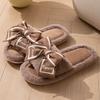 Open-toe Plush Slippers, LOVE Bow Women's Home Slippers, Wooden Floor Cotton Slippers, Plush Slippers