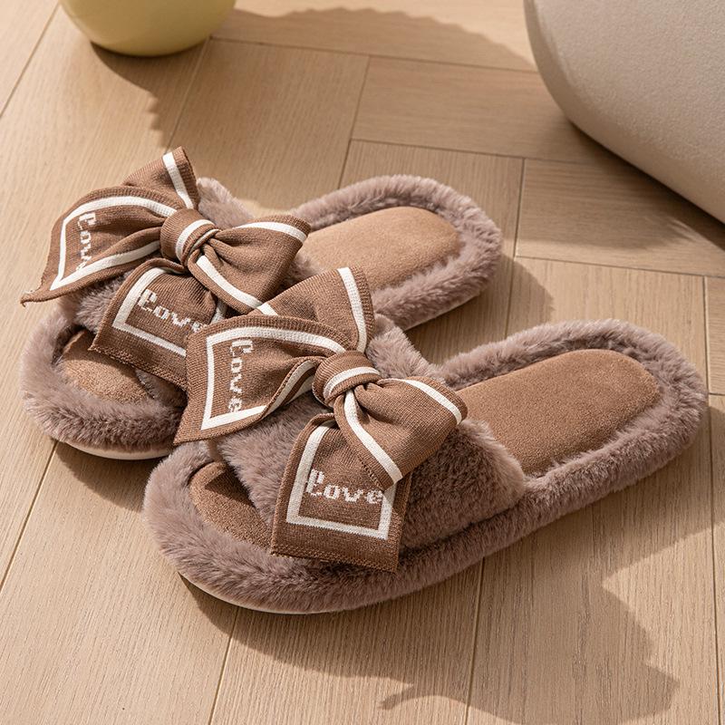 Open-toe Plush Slippers, LOVE Bow Women's Home Slippers, Wooden Floor Cotton Slippers, Plush Slippers