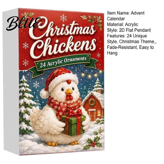 Christmas Advent Calendar Blind Box Chicken 2026, 24 Unique 2D Acrylic Holiday Countdown Surprise Gift Ornaments, Cute Tree Decorations for