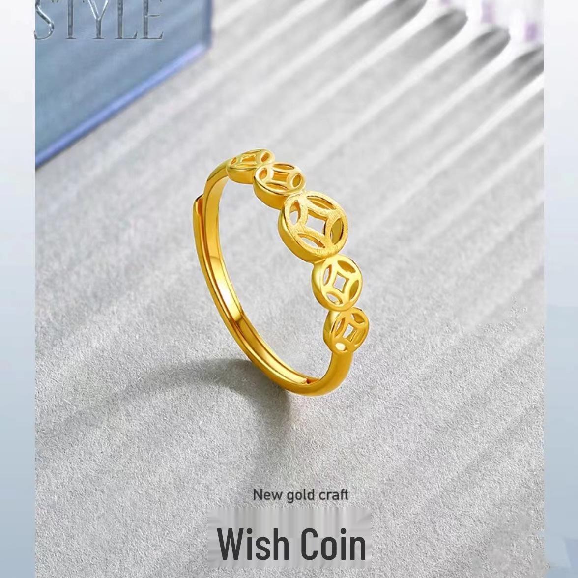 Вьетнамский песочный золотой монета-желание Регулируемое кольцо - Латунь с золотым покрытием Простое исполнение