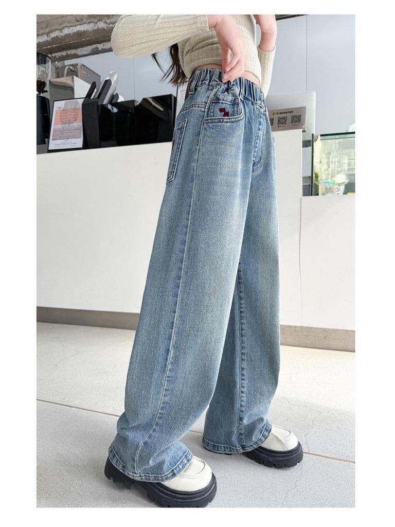 Girls' 2025 Spring Wide-Leg Jeans - Korean Style Fashionable Straight-Leg Pants for Kids
