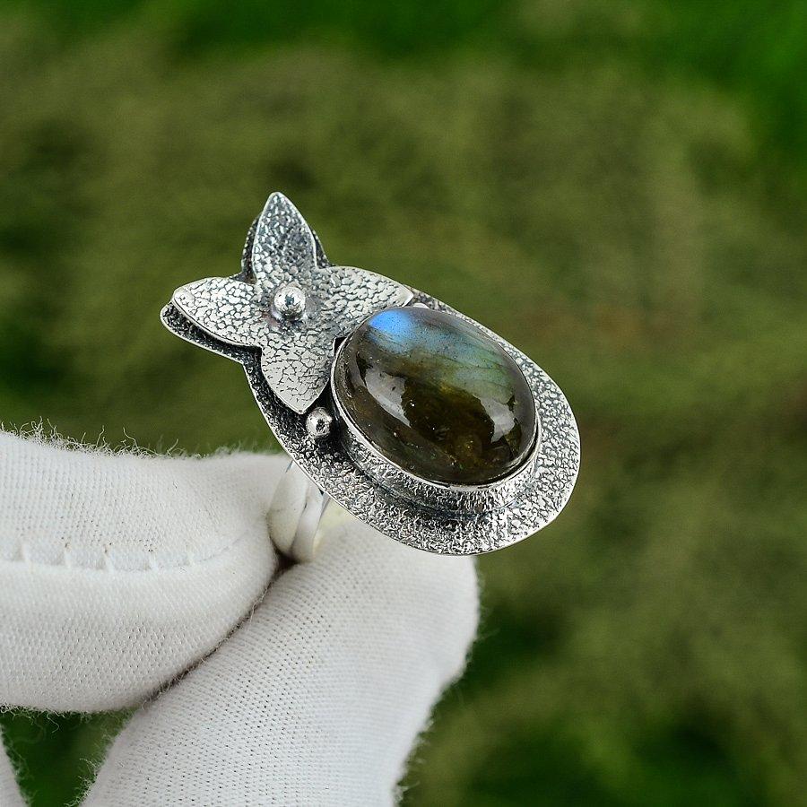 Natural Labradorite Gemstone Solitaire Adjustable Ring 925 Silver For Girls Adjustable