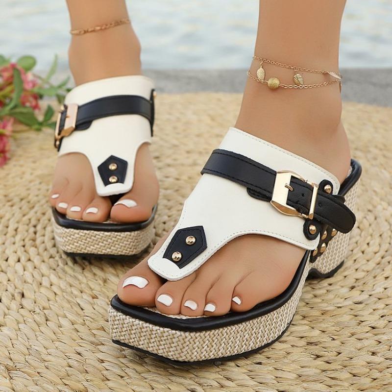 Plus Size Sandals Women Summer New Block Heel Buckle Metal Buckle Slippers One Strap Beach Sandals and Slippers