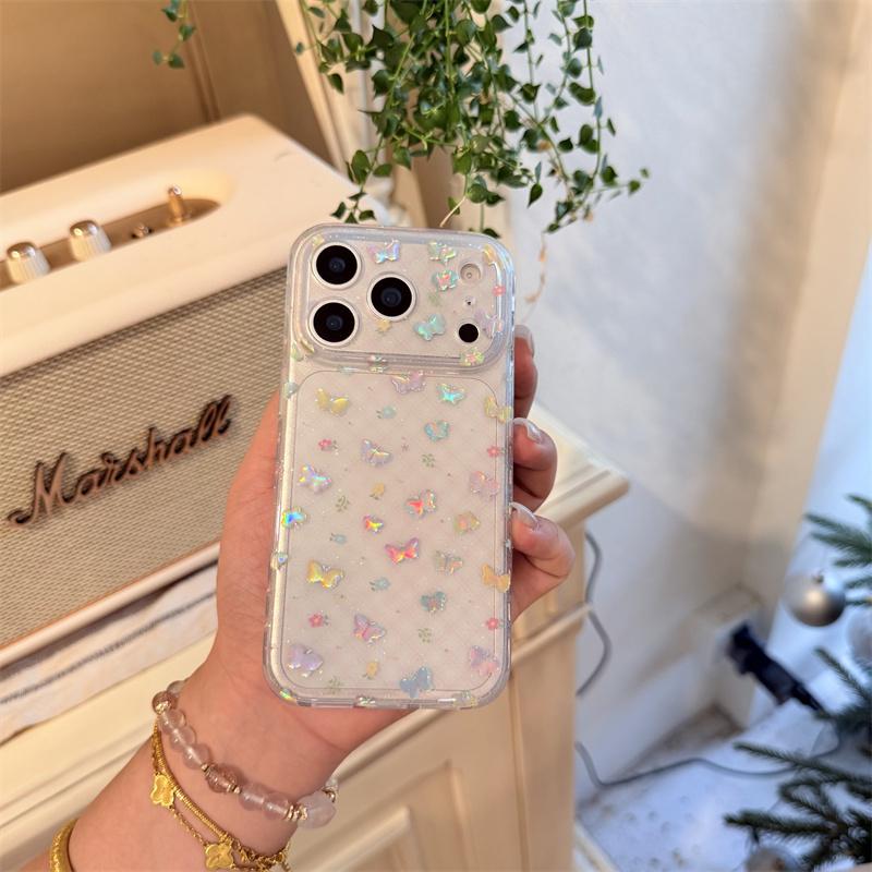 Kawaii Holographic Butterfly Glitter Clear Phone Case For iPhone 15 16 17 Pro Max INS Cute Large Window Shockproof Protective Co