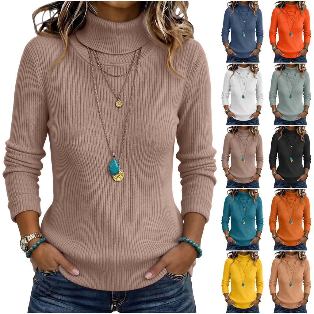 Women's Turtleneck Knit Sweater Long Sleeve Color Pullover for Fall Winter Casual Wear