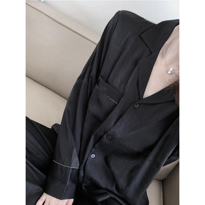 Lace Long Sleeve Black Cardigan Pajamas for Women – Sweet and Loose Spring/Autumn Homewear with Long Pants