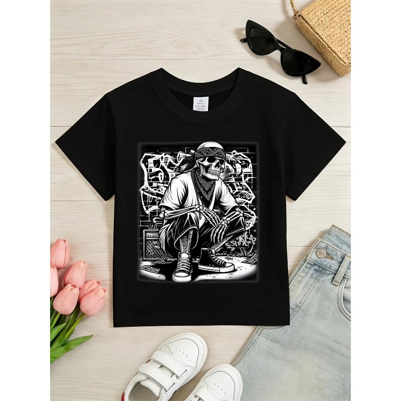Boys Crewneck Short Sleeve Tee, Cool Chicano Mexican Gangster Skeleton Print Comfort Casual Top