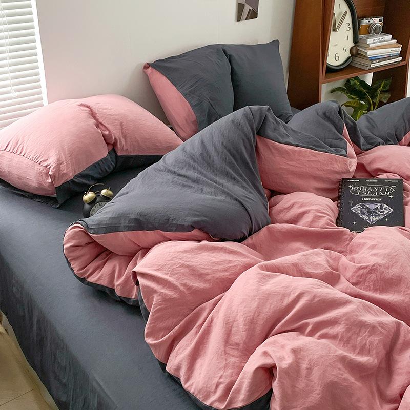 Super Soft Bed 4Pcs Set, Pure Washed Cotton Quilt Cover, Bed Sheet Full Quilt Cover, Bed Hat Student Three 4-Piece Set