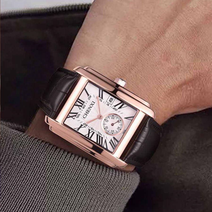 Luxury Top Brand Square Mens Wristwatches Unique Design Rose Gold Calendar Stop Watch Genuine Leather Quartz Business Male Clock