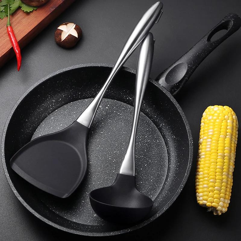 Non-Stick Silicone Cooking Spatula Turner Large Soup Spoon Ladle Stainless Steel Handle Serving Spoon Kitchen Cooking Utensils