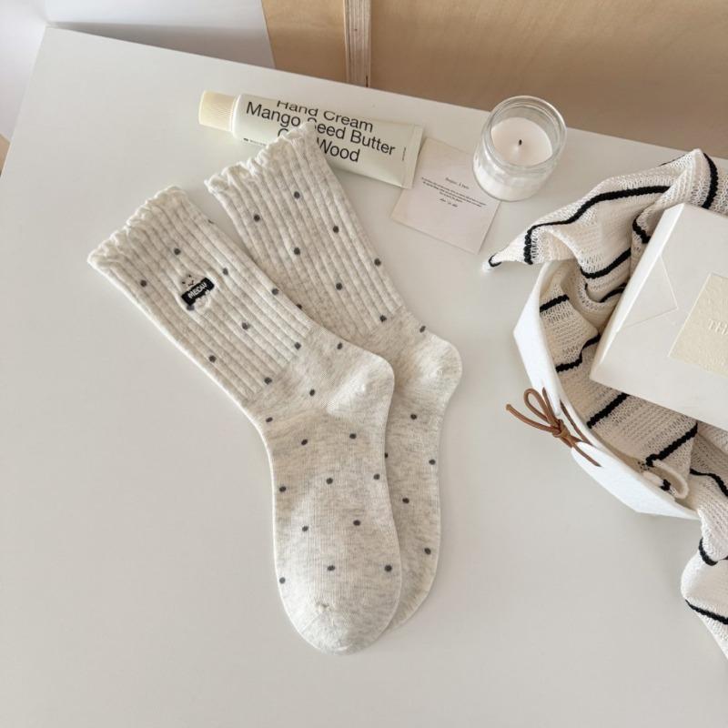 Autumn and Winter Embroidered Cat Polka Dot High Rubber Band Versatile Socks, Women's Mid-calf Socks, Bubble Mouth Lace Long Socks