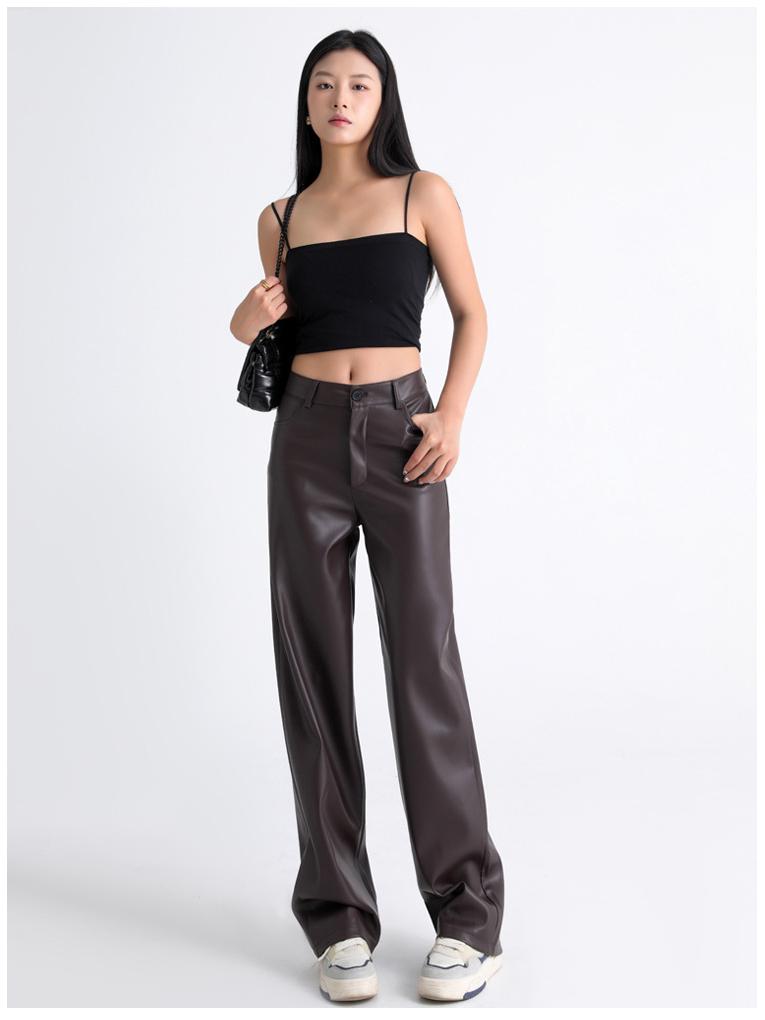 Women's High-Waisted PU Leather Wide-Leg Trousers for Autumn and Winter