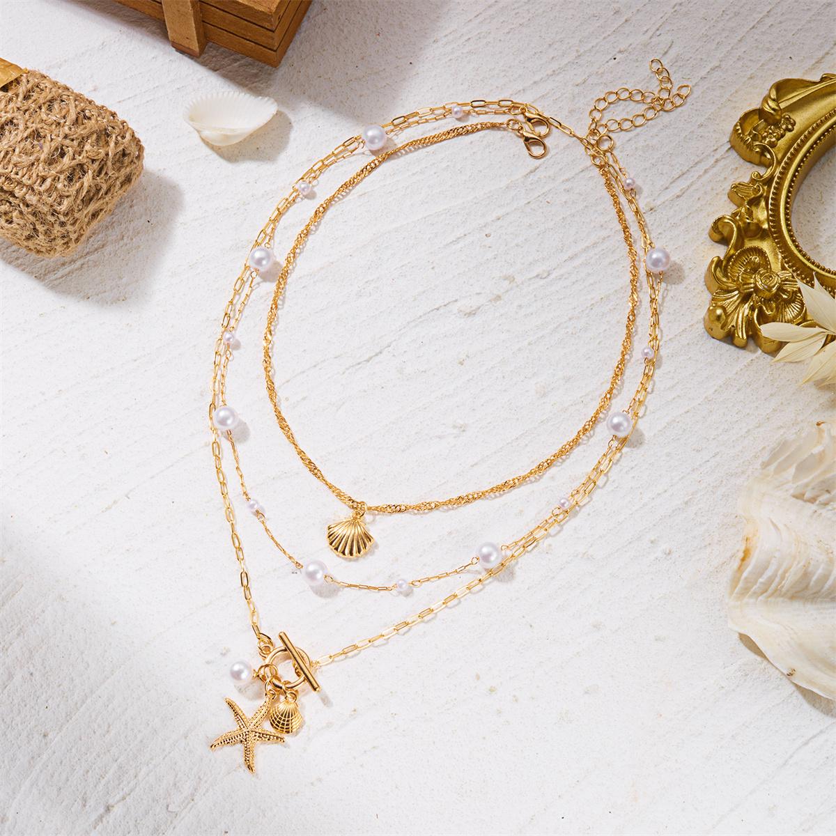 

3Pcs/Set Bohemian Starfish Conch Layered Necklace for Women Dainty Imitation Pearl Rice Beads Clavicle Chain Party Jewelry Gift