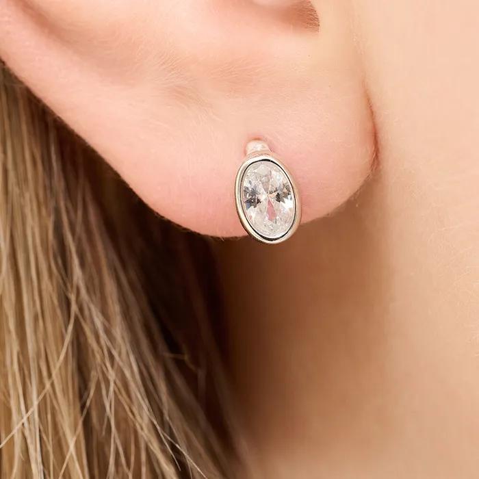 Silver Oval One-Touch Earrings White RA25C57J