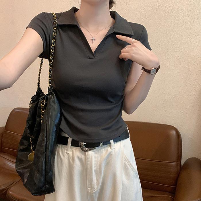 Spicy Girl Slimming Irregular Pleated Cropped Polo T-shirt for Women