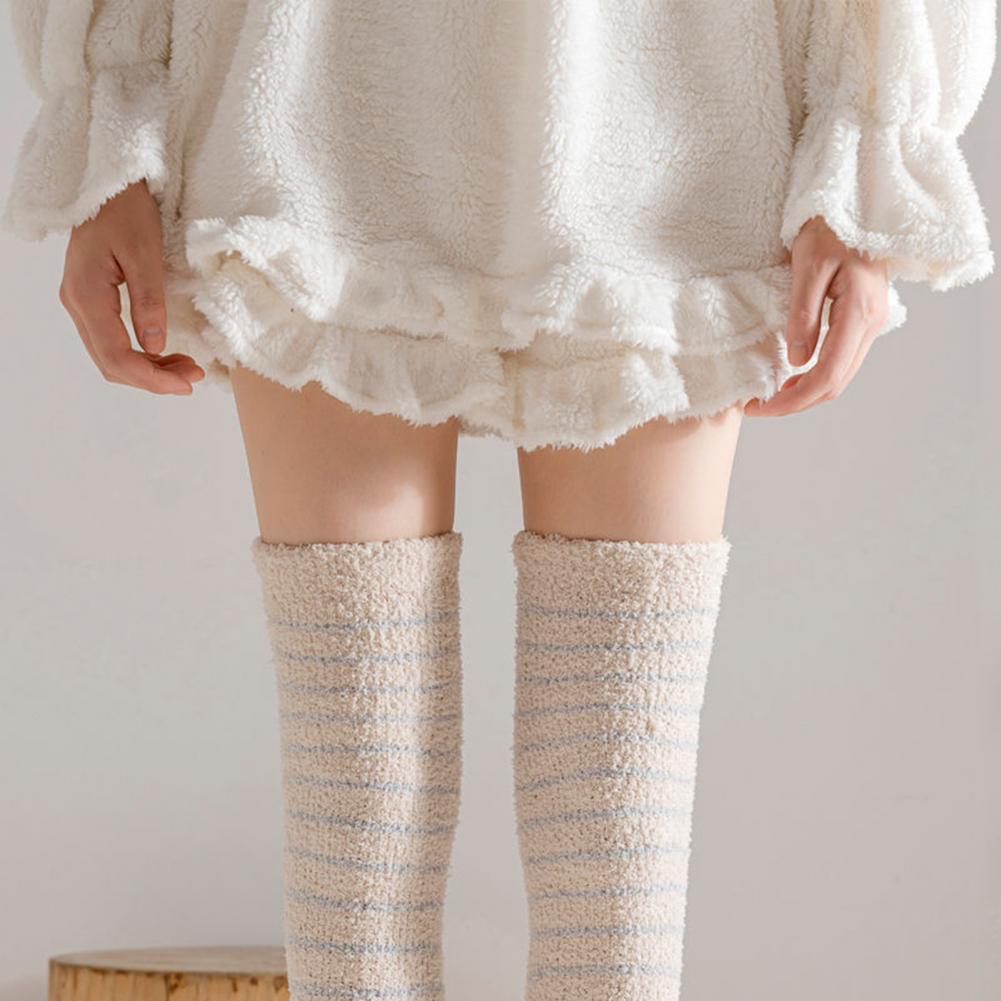 1 Pair Women Coral Fleece Stockings Thigh High Plush Thermal Socks Autumn Winter Long Tube Stockings for Daily Wear
