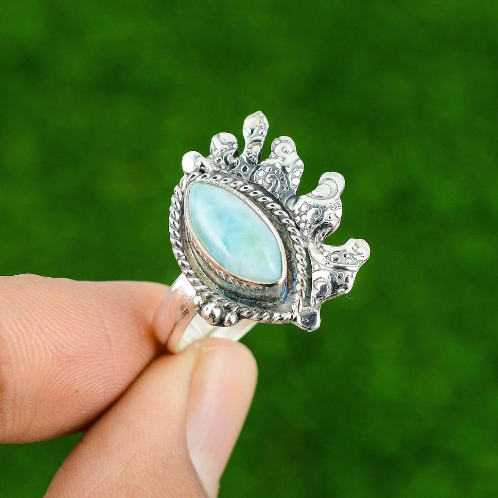 Anniversary Gift For Her Natural Larimar Multi Stone Adjustable Ring 925 Silver