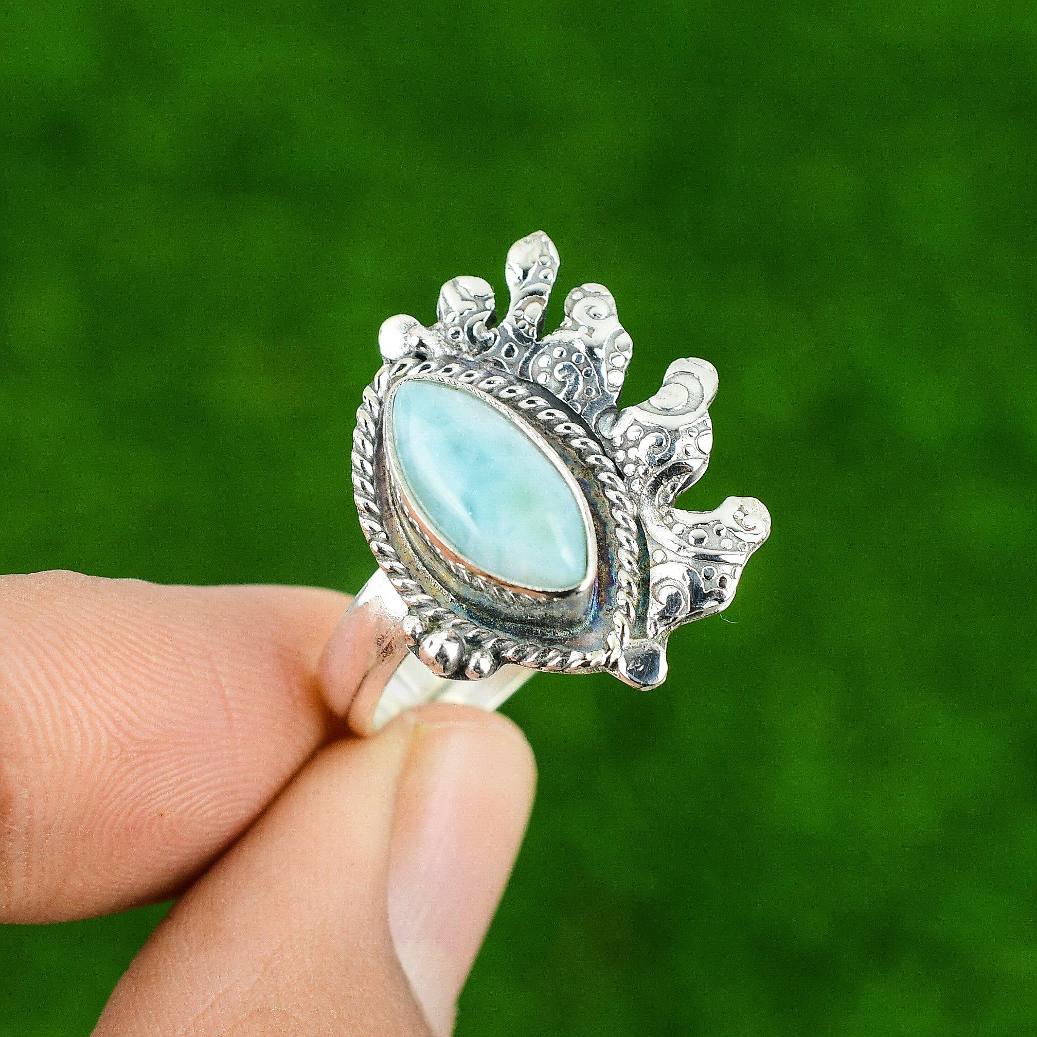 

Подарок на годовщину для нее Натуральный ларимар Мультикамень Регулируемое кольцо Серебро 925 Adjustable