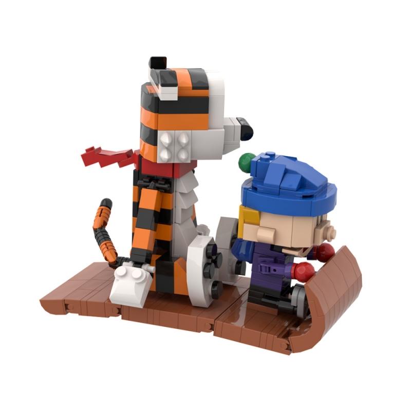 MOC Calvined and Hobbes Model Building Blocks Sleigh Tiger Cartoon Activity Figure Assembled Brick Toy Children's Birthday Gift