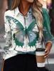 Funny Ladies Clothing Casual Long Sleeve Shirt V Neck Loose Spring and Autumn Green Chain Print Loose Plus Size Womens Shirt
