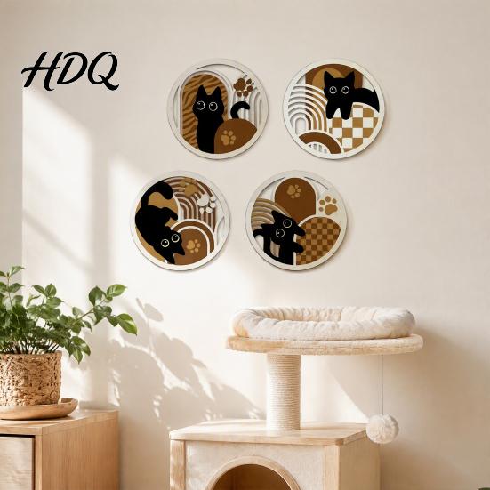 Retro Geometric Wall Signs 4Pcs Wooden Cat Decor 2D Flat Hollow Art Prints Modern Bedroom Accents Art Minimalist Hanging for Living Room Home