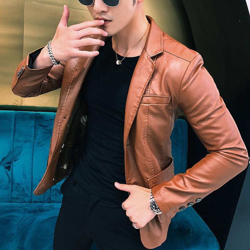 Dress Suit Coat Men's Jackets Men's Business Leather Jackets Men's Pu Blazers Korean Style Slim Thin Trend Leather Jackets