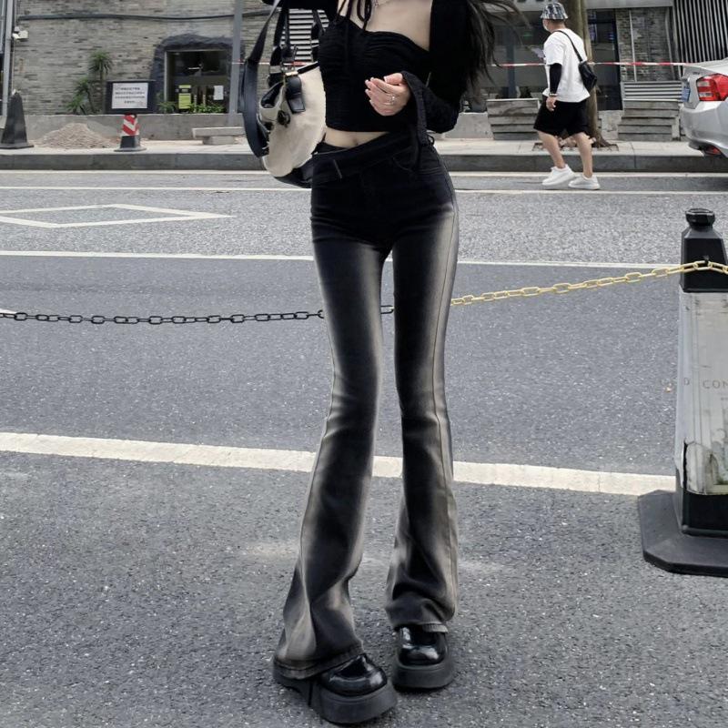 

Женские градиентные джинсы-клеш с высокой талией, эластичные, облегающие – Осенние стройнящие брюки-клеш до пола M чёрный