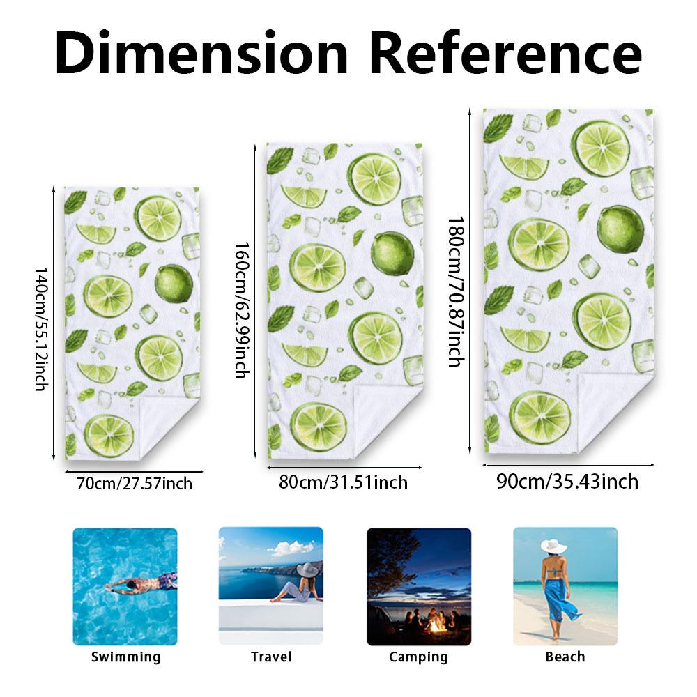 1 Quick Dry Microfiber Beach Towel With Vibrant Green Lemon And Glass Print, Great For Beach, Pool, Camping, Beach Towel