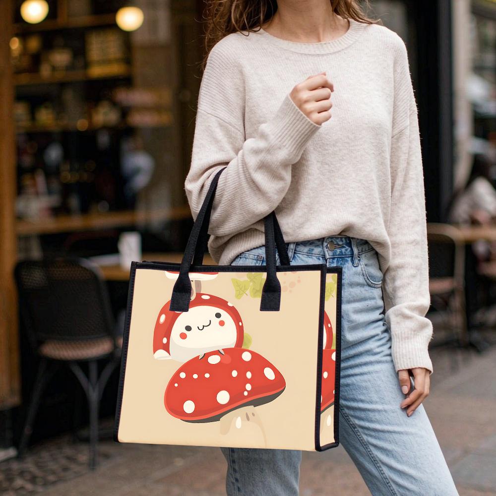 Cute Cartoon Mushroom Printed Tote Bag Casual Large Capacity Shopping Handbag for Daily Use