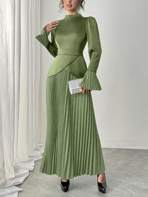 TEMU Foreign Trade High Neck Fitted Waist Pleated Long Sleeve Evening Party Dress