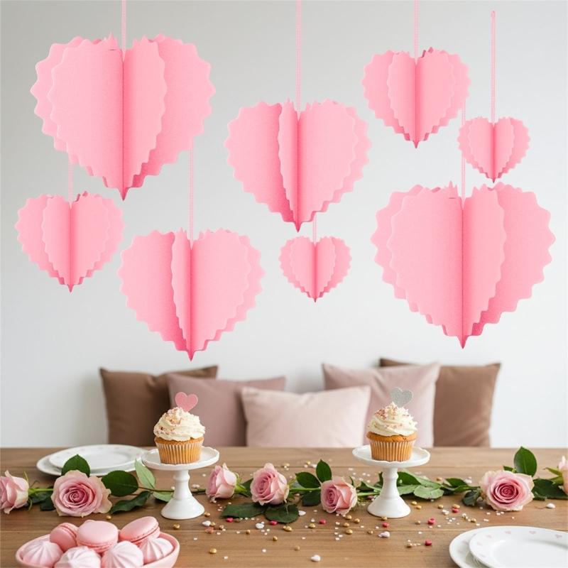 8Pcs Valentine's Day Heart Decoration Foldable Paper Heart Shape Ornament Easy Assembly for Wedding Party Decoration