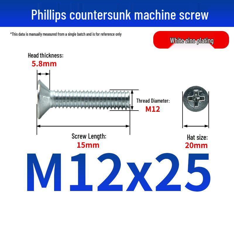 White Zinc Plated Cross Recessed Countersunk Head Screws & Bolts, Machine Thread, M3-M12