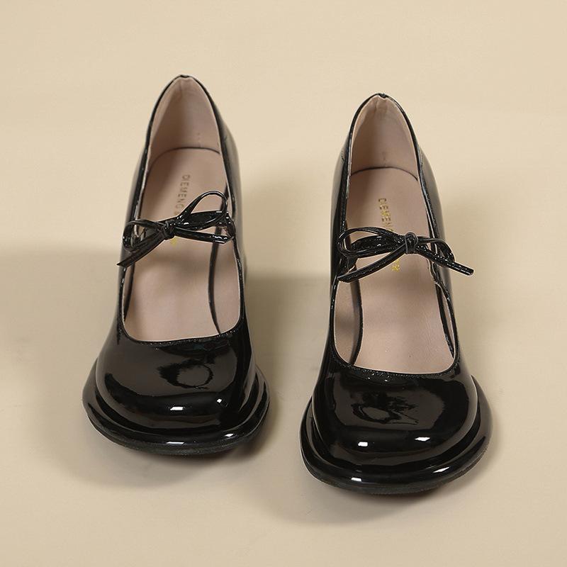 

2025 new spring French bow red high heels women s shallow mouth Mary Jane shoes thick heel single shoes 34 чёрный