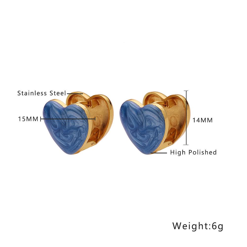 Stainless Steel Heart-Shaped Marbled Enamel Earrings with Resin Drops