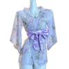 Elegant Japanese Chiffon Kimono Nightgown with Bow Embroidery