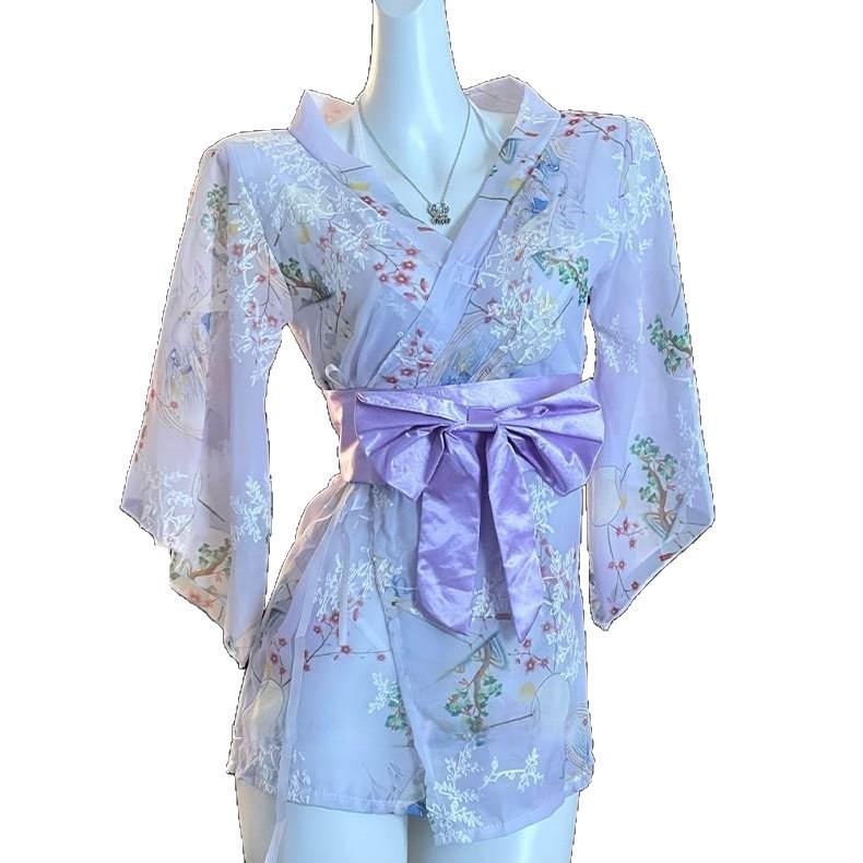 Elegant Japanese Chiffon Kimono Nightgown with Bow Embroidery