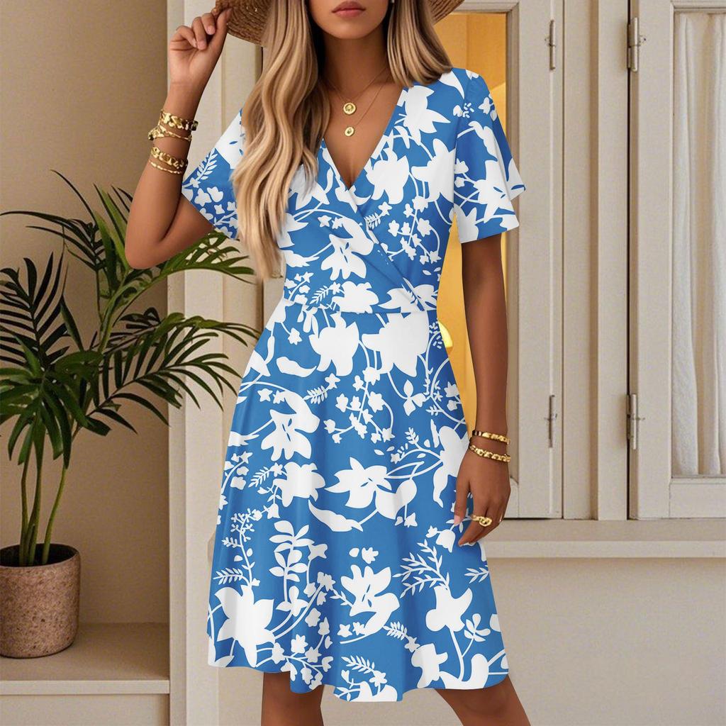 Women's Casual Fashion Dress Vintage Floral Floral Short Sleeve V-neck Dress