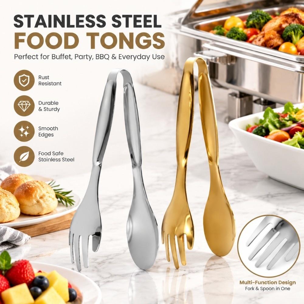 2 PCS Stainless Steel Serving Tongs Gold Silver Buffet Tongs Durable Salad Tongs Home Kitchen