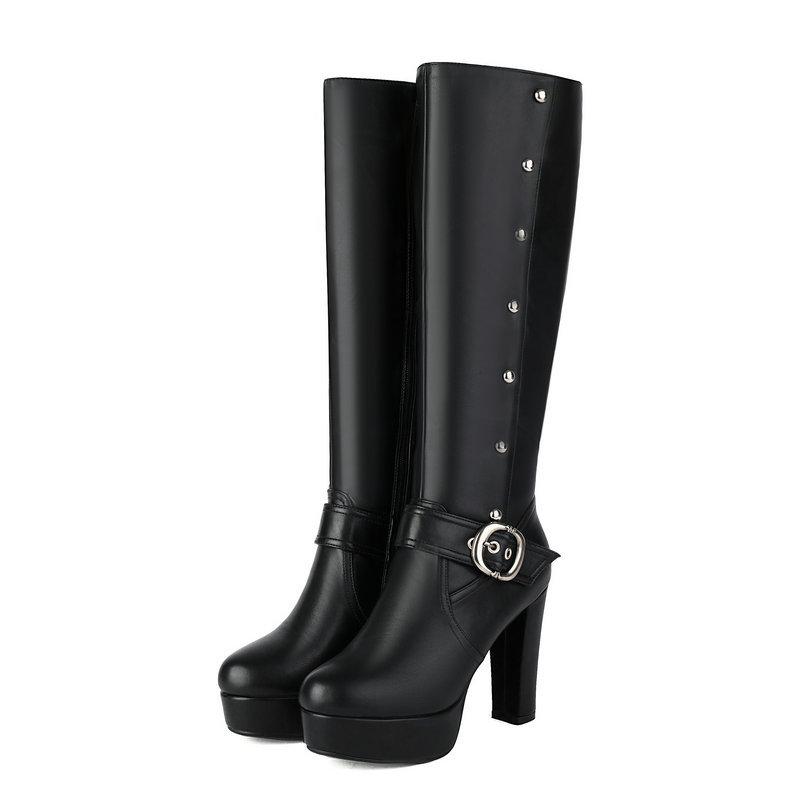 

Модные новые ботинки до колена с пряжкой, заклепками, круглым носком и толстой подошвой для женщин, черные водонепроницаемые ботинки на платформе, теплые плюшевые рыцарские ботинки 34