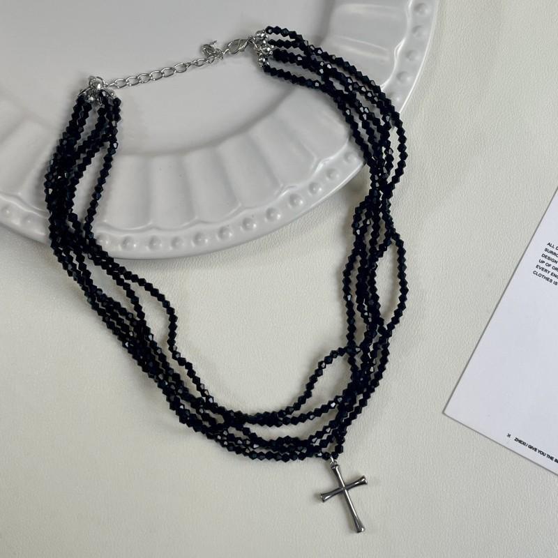 Light luxury exquisite multi-layer red beaded cross pendant necklace female sweet cool personality niche high-end sense collarbone chain