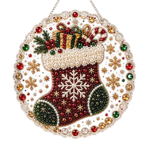 Holiday Celebration Party Supplies Christmas DIY Faux Diamond Painting Hanging, Santa Wreath Acrylic Pendant, Pearl Hanging Ornaments Beads Craft Kit