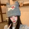 Warm Lining Cat Ear Beanie 56-58cm Puppy Pattern Earflap Hat Fleece Lined Knitted Hat  For Students